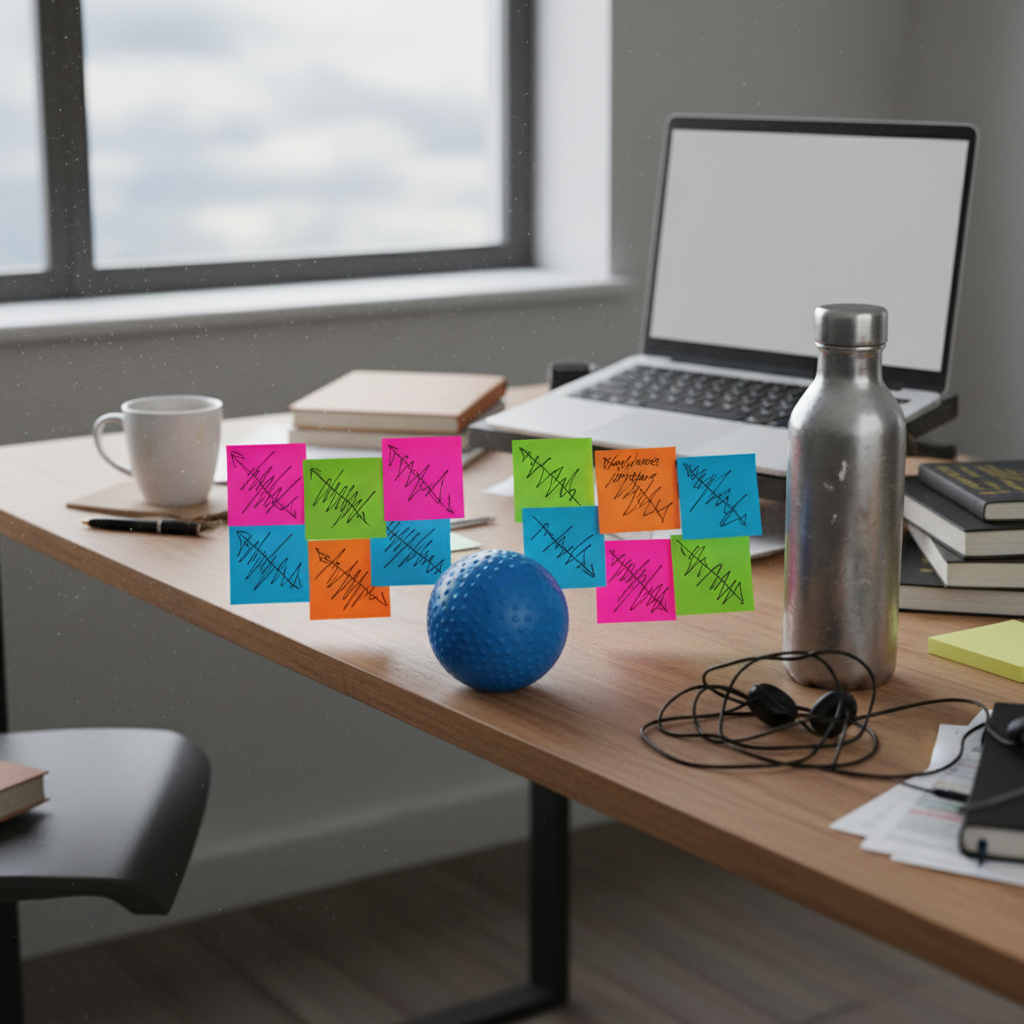 A cluttered office desk with two overlapping sets of colorful sticky notes, each in different handwriting styles represented only by scribbled lines, facing opposite directions as if in silent argument. A stress ball with a worn surface sits between them like a neutral buffer, next to a dented stainless-steel water bottle and tangled headphones. Overcast daylight filters through a nearby window, creating diffused, soft lighting that reveals dust motes in the air. Shot in photographic realism from a slightly top-down angle, with sharp focus across the entire frame, the mood feels candid and slightly tense yet hopeful—capturing the messy, practical reality of trying to work well with others without being a jerk.