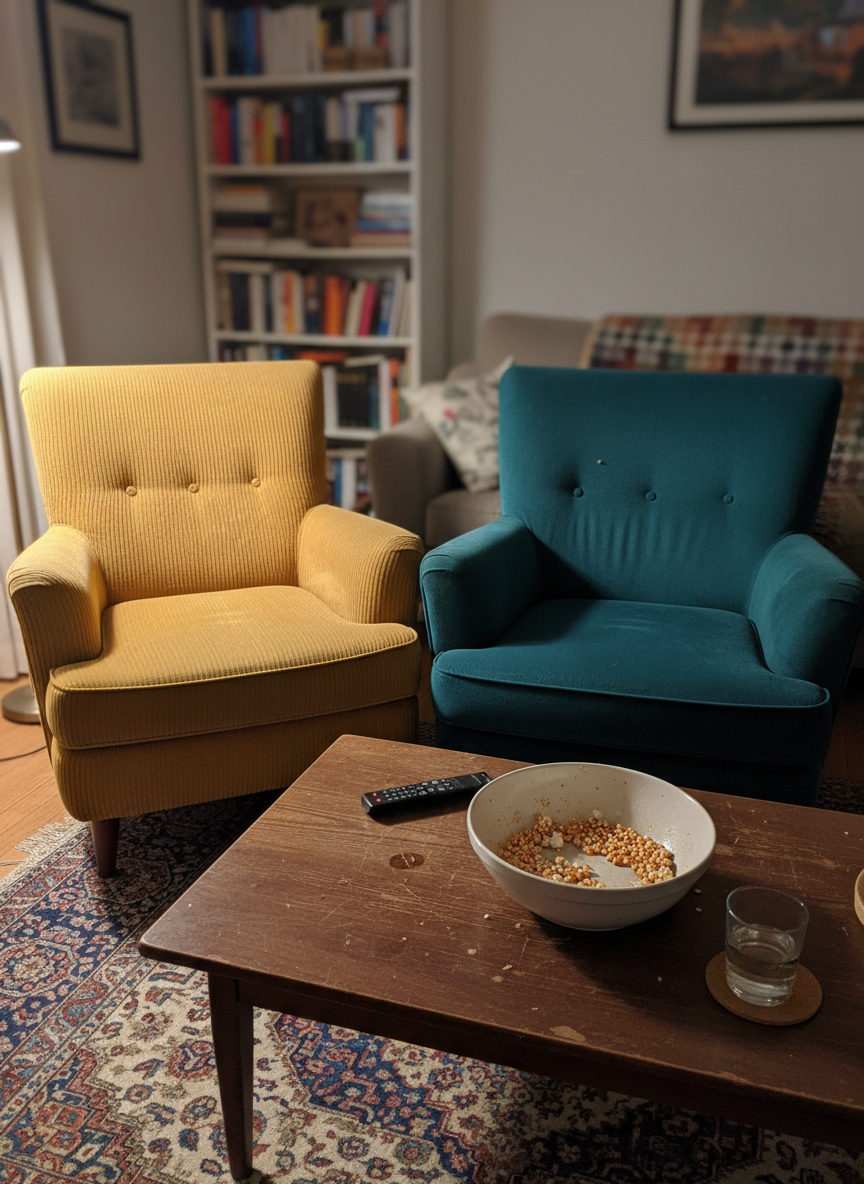 Two mismatched, empty armchairs—one vivid mustard corduroy, the other deep teal velvet—angled slightly toward each other across a low, scratched coffee table in a small living room. On the table sits a shared bowl of popcorn, a single remote, and a coaster with a glass of water, all subtly imperfect. Evening lamplight spills warmly from an off-frame floor lamp, creating a soft pool of light and gentle shadows that suggest an honest, sometimes awkward conversation space. Captured at eye level in photographic realism, with the composition using the rule of thirds, the atmosphere feels bold, real, and unpolished, emphasizing comfort with conflict and connection over perfection.